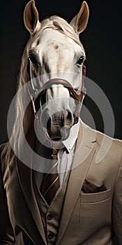 The head of a thoroughbred horse in a business suit on a dark background. Generated by AI