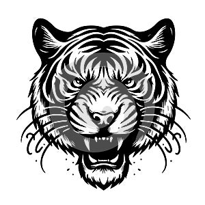 The head of a tiger that growls, a black and white abstract drawing of a tattoo emblem on a white background.