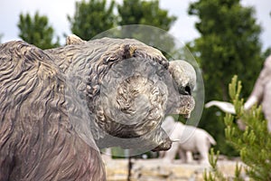 The head of a tiger of the Mesozoic era. Sculpture.