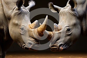 Head to head encounter two white rhinoceroses display their formidable presence