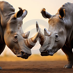 Head to head encounter two white rhinoceroses display their formidable presence