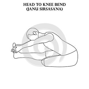 Head to knee bend yoga workout. Janu Sirsasana. Man doing yoga illustration outline