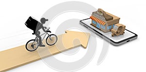 Head to your destination. Delivery courier. He carries food by bicycle. 3D rendering