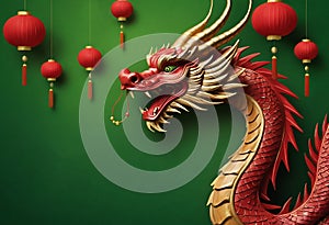 the head and torso of a red dragon. the symbol of the Chinese New Year 2024. on a green background.