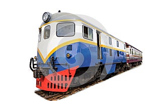 Head train hauled diesel electric locomotive with isolated white background