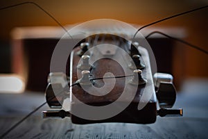 Head, tuners and strings of acoustic guitar lying on a table on the sheets of the piece of music