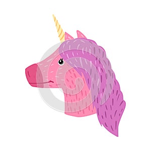 Head unicorn isolated on white background. Cartoon cute character pink color in doodle