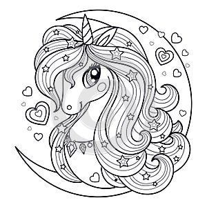 The head of a unicorn with a long mane against the background of the moon. Vector illustration