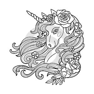 The head of a unicorn with a long mane. Black and white linear drawing. Vector