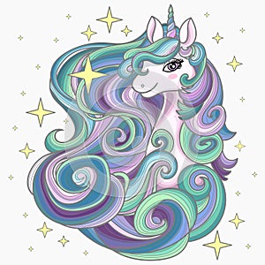 Head of a unicorn with a long mane. The magical animal. Vector illustration