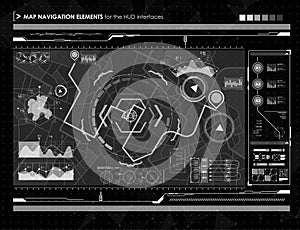 Head-up display navigation map elements for the web and app. Futuristic user interface.