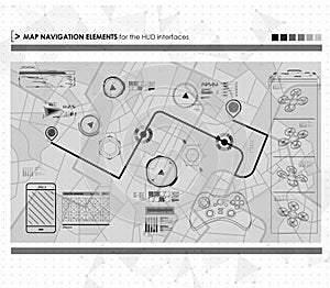 Head-up display navigation map elements for the web and app. Futuristic user interface.