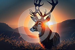 head-on view of deer, staring at the sun rising above the horizon