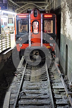 Lead rail car on tracks in Grand Central Station, NYC