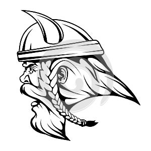 Head Viking warrior in combat helmet, viking warrior face drawing sketch, viking logo in black and white
