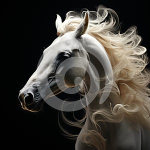 Head of a white horse with a flowing mane, portrait, close-up on black