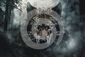 Head of a wolf emerging from the depths of a foggy forest, exuding an aura of mystery and strength. Ai generated