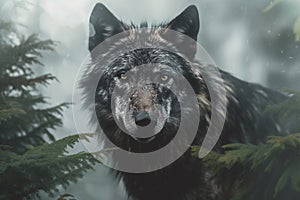 Head of a wolf emerging from the depths of a foggy forest, exuding an aura of mystery and strength. Ai generated