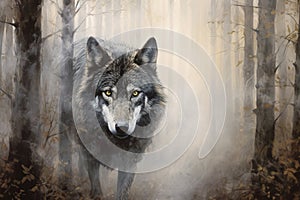 Head of a wolf emerging from the depths of a foggy forest, exuding an aura of mystery and strength. Ai generated