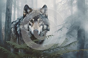 Head of a wolf emerging from the depths of a foggy forest, exuding an aura of mystery and strength. Ai generated