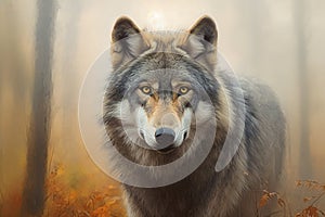 Head of a wolf emerging from the depths of a foggy forest, exuding an aura of mystery and strength. Ai generated