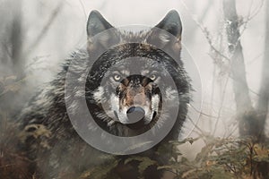 Head of a wolf emerging from the depths of a foggy forest, exuding an aura of mystery and strength. Ai generated