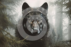 Head of a wolf emerging from the depths of a foggy forest, exuding an aura of mystery and strength. Ai generated