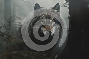 Head of a wolf emerging from the depths of a foggy forest, exuding an aura of mystery and strength. Ai generated