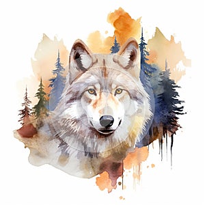 The head of a wolf on a white background with double exposure. Retro design graphic element