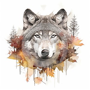 The head of a wolf on a white background with double exposure. Retro design graphic element