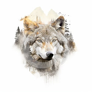 The head of a wolf on a white background with double exposure. Retro design graphic element