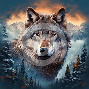 The head of a wolf on a white background with double exposure. Retro design graphic element