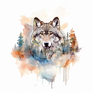 The head of a wolf on a white background with double exposure. Retro design graphic element