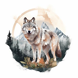 The head of a wolf on a white background with double exposure. Retro design graphic element