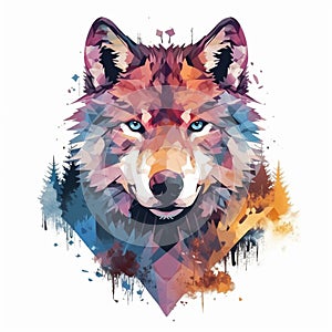 The head of a wolf on a white background with double exposure. Retro design graphic element