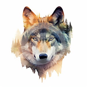 The head of a wolf on a white background with double exposure. Retro design graphic element