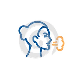 Head of a woman coughing. Vector thin line icon illustration of a sick person cough. Influenza, virus, flu, cold or allergy