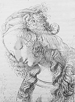 The head of the woman by Leonardo da Vinci in the vintage book Histoire de L`Art by C. Bayet, 1886 photo