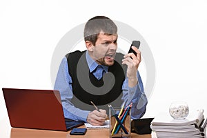 Head yells at the phone against a white background