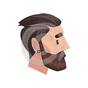 Head of young bearded man with modern haircut, profile of guy with fashion hairstyle vector Illustration on a white