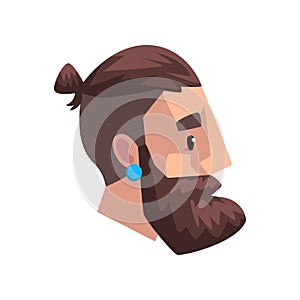 Head of young bearded man with tail, profile of guy with fashion hairstyle vector Illustration on a white background