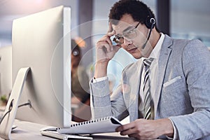 Headache, agent and telemarketing by computer for target, tension and deadline in office. Call centre, man and