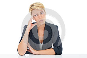 Headache, business woman and thinking of stress, anxiety or mental health in studio on white background. Worry, confused