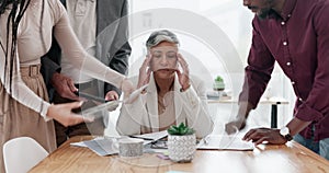 Headache, chaos and business woman or manager stress for documents in office crisis or support problem. Job multitask