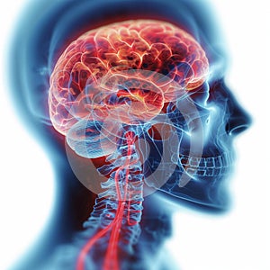 Headache concept X ray image of blue and red brained head