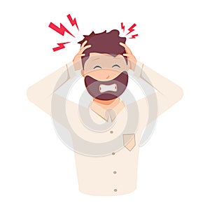 Headache, frustration, anger. Flat design vector illustration. Health And Pain. Stressed Exhausted Young man