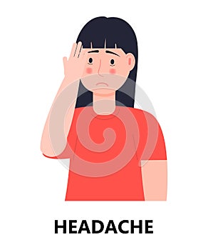 Headache icon vector. Flu, cold, symptom is shown. Woman put her hand to her forehead. Respiratory disease concept