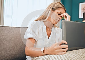 Headache, laptop and business woman with debt stress and technology report burnout. Anxiety, mental health problem and
