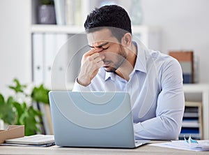 Headache, laptop or businessman frustrated with financial crisis, stress or depression in office with fatigue. Burnout