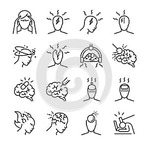 Headache line icon set. Included the icons as Tension headaches, Cluster headaches, Migraine, brain symptom and more.